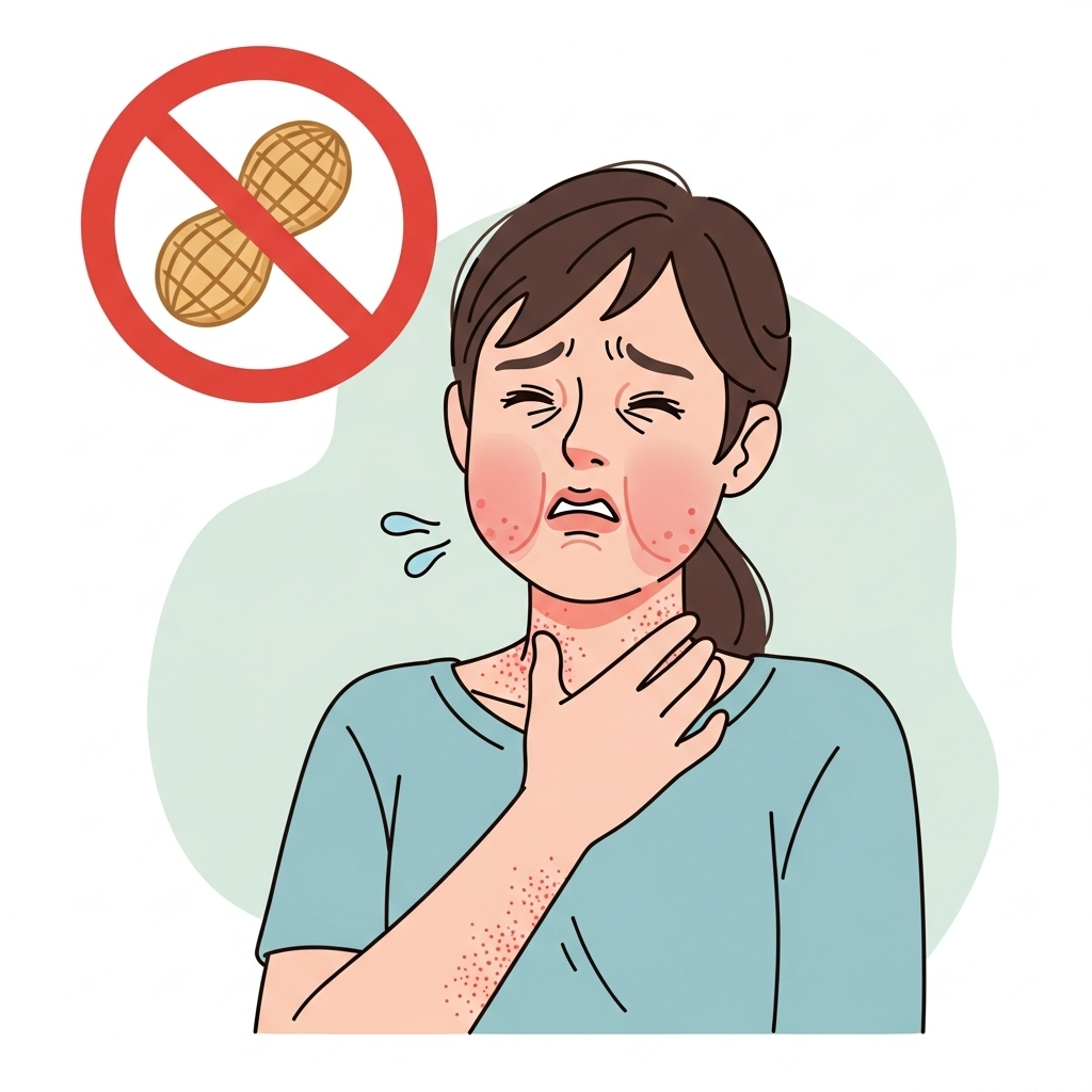 An illustration depicting common symptoms of food allergies like swollen face, rash, and difficulty breathing, with a crossed-out peanut symbol indicating caution. The style should be clear and informative, emphasizing safety. No text in image.