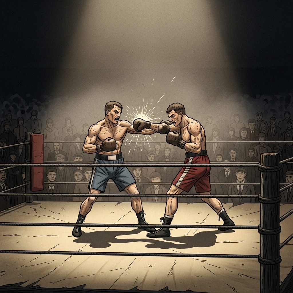 Historical boxing championship match scene from early 1900s, two boxers in intense competition in a boxing ring, dramatic lighting, vintage atmosphere, crowd in background, no text, illustration style