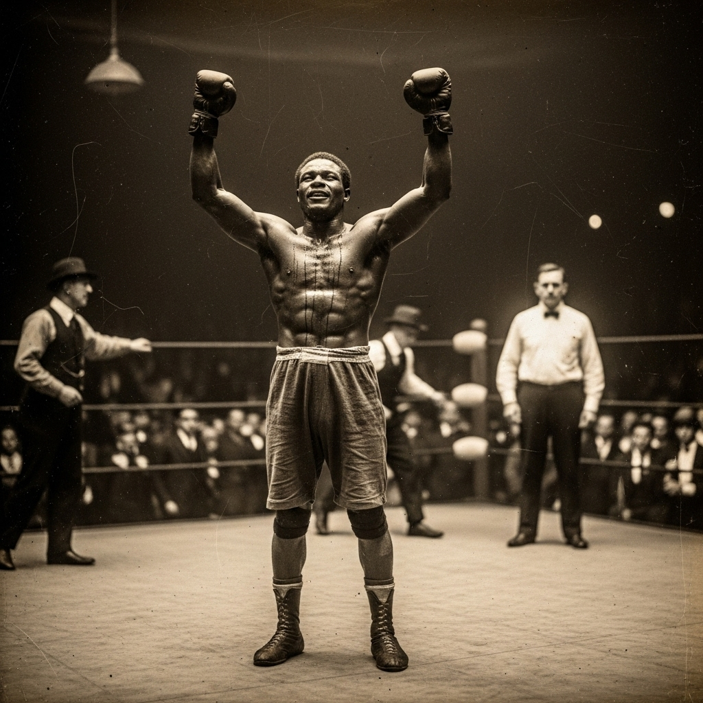 Vintage boxing championship victory moment, African American boxer celebrating in ring with raised fists, early 1900s boxing arena, dramatic lighting, vintage photograph style, no text