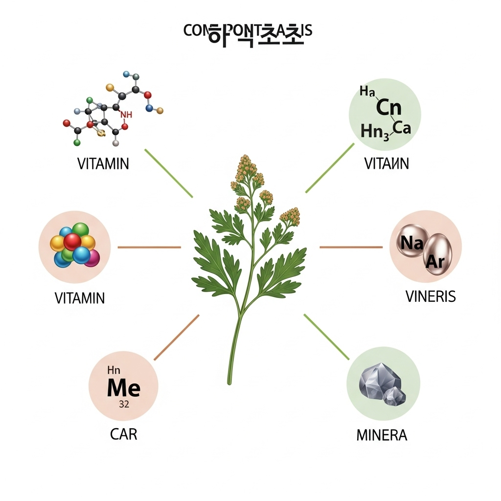 Detailed infographic showing haggochcho herb components, vitamins, and minerals in clean layout with scientific precision, modern design with natural colors, educational style, no text