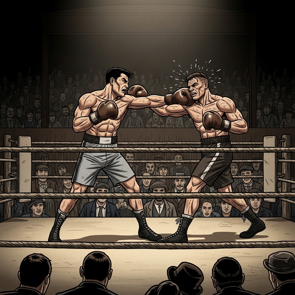 Dramatic boxing match scene, two boxers in intense confrontation, 1910s era boxing ring, spectators watching intently, vintage sports illustration style, powerful and dynamic composition, no text