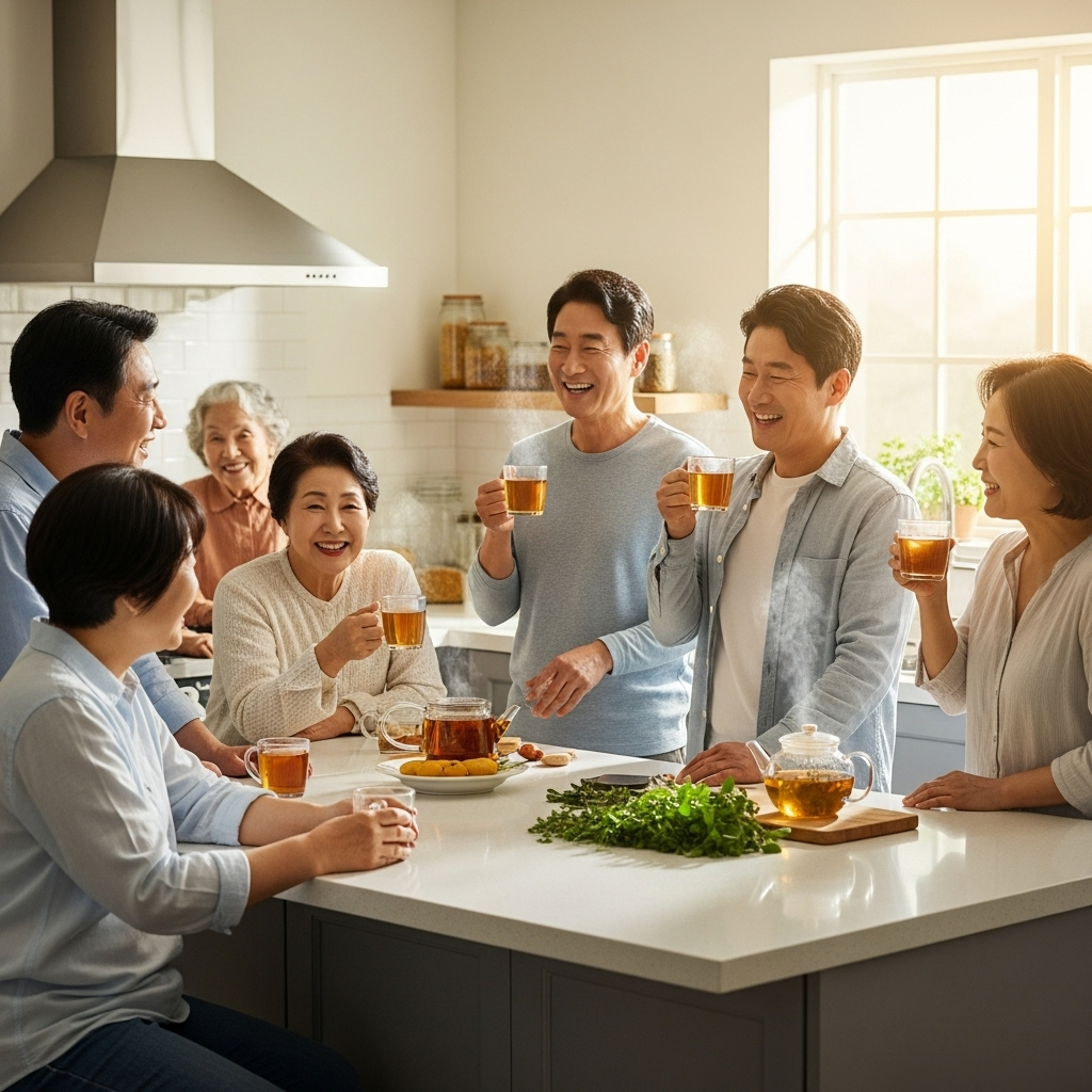 Happy Korean people enjoying herbal tea made from haggochcho in a bright, modern kitchen, smiling and feeling refreshed, warm natural lighting, lifestyle photography, no text