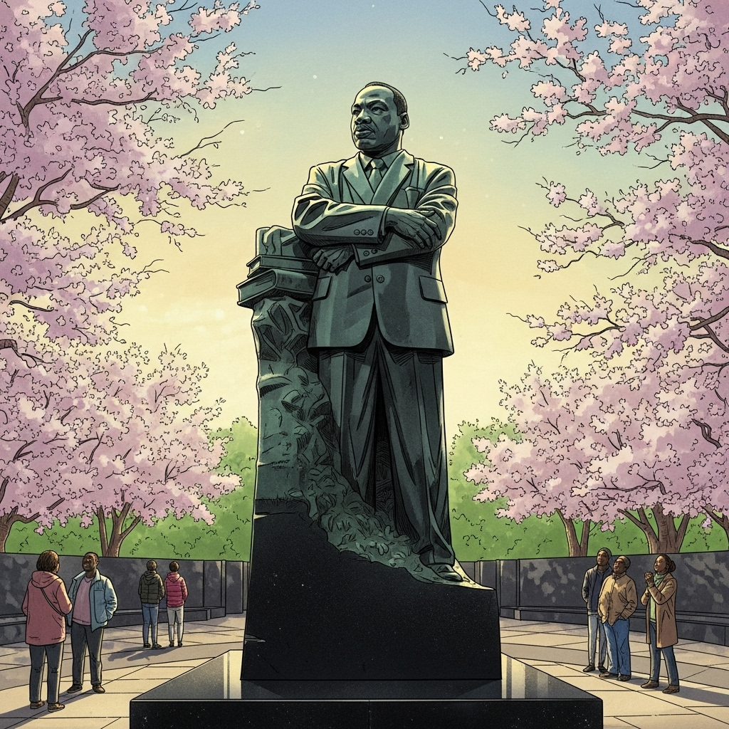 Historical figure statue or monument symbolizing civil rights achievement, reflecting legacy and cultural impact, dignified pose, commemorative atmosphere, illustration style, no text