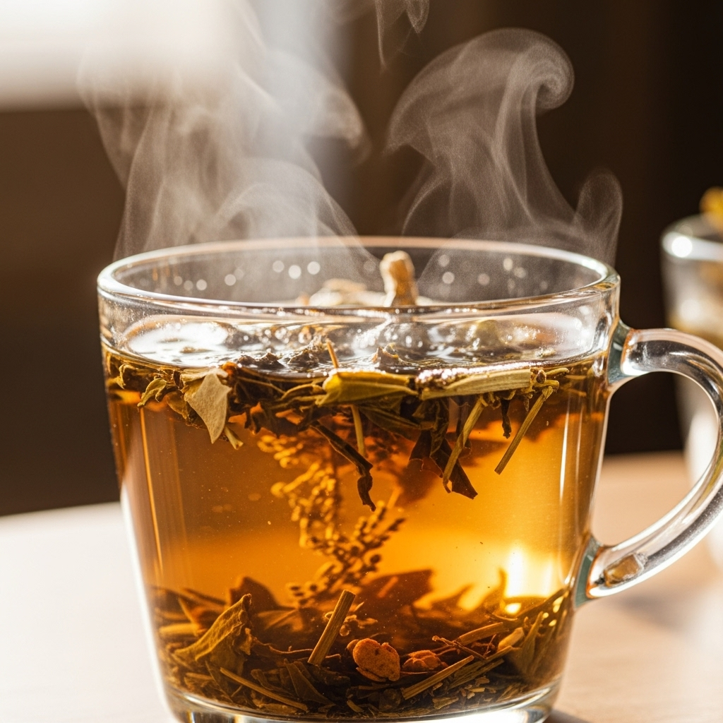 Brewing haggochcho herbal tea in a transparent glass cup with hot water, fresh dried herbs visible, steam rising, warm and inviting atmosphere, close-up lifestyle photography, no text