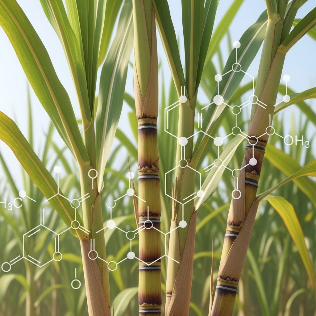 Sugarcane stalks and leaves, with a transparent overlay of molecular structure of policosanol. Clean infographic style, bright natural lighting, no text.