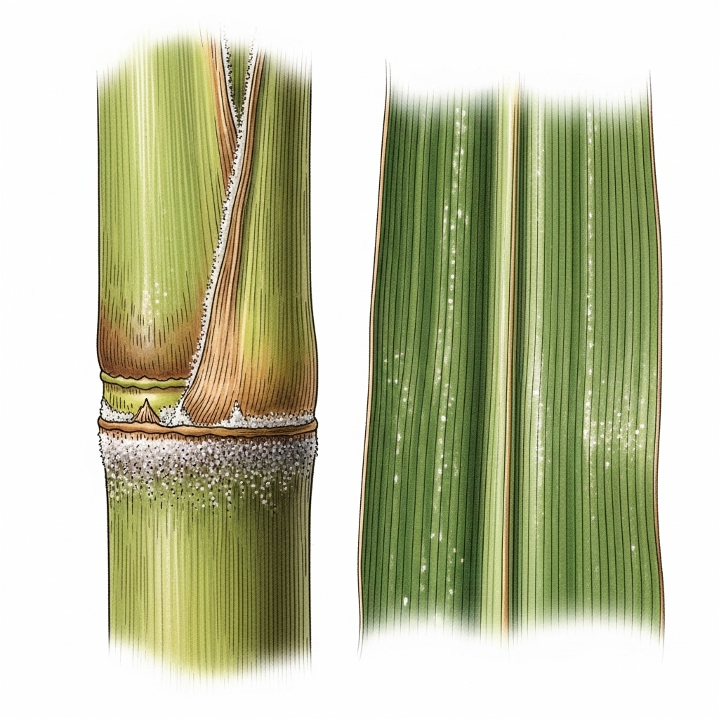 A close-up of a sugarcane stalk and its waxy leaf surface, highlighting the natural texture. Scientific illustration style, detailed and clear, no text.