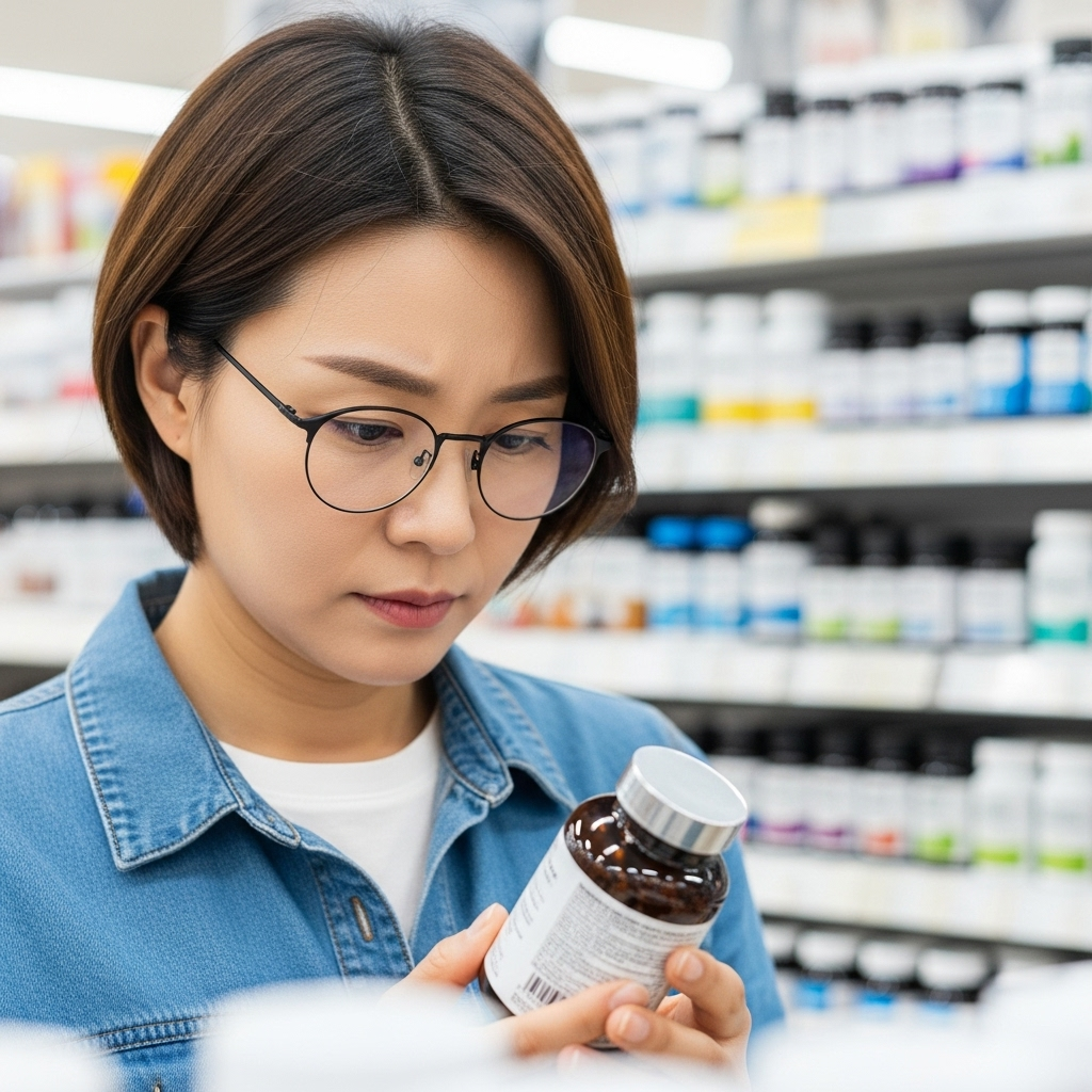 A Korean consumer carefully examining a food supplement label, specifically looking for "Cuban Policosanol Wax Alcohol" or "쿠바산 사탕수수 왁스알코올". Lifestyle photography, in a kitchen or health store setting, no text.