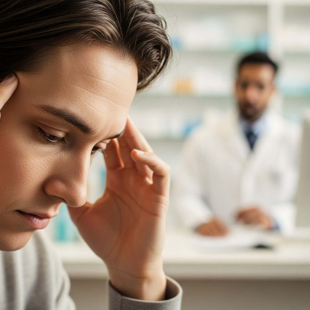 A person feeling slightly dizzy or having a mild headache, depicted subtly. A medical professional or pharmacist is in the background, implying consultation. Lifestyle photography, soft lighting, no text.