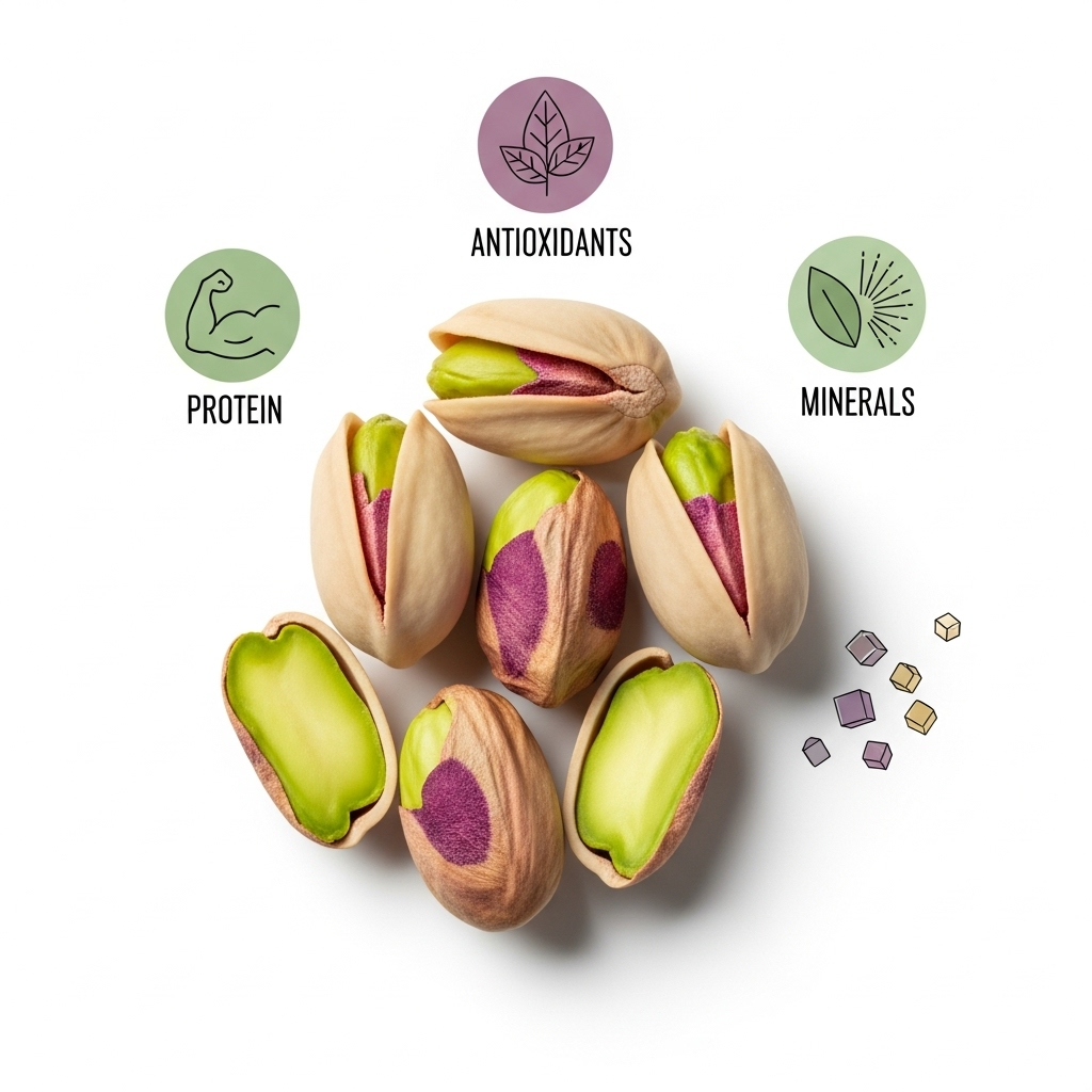 Flat lay infographic showing cross-section of pistachio nuts with nutritional information, purple inner skin visible, surrounded by icons representing protein, antioxidants, and minerals, clean modern design, no text