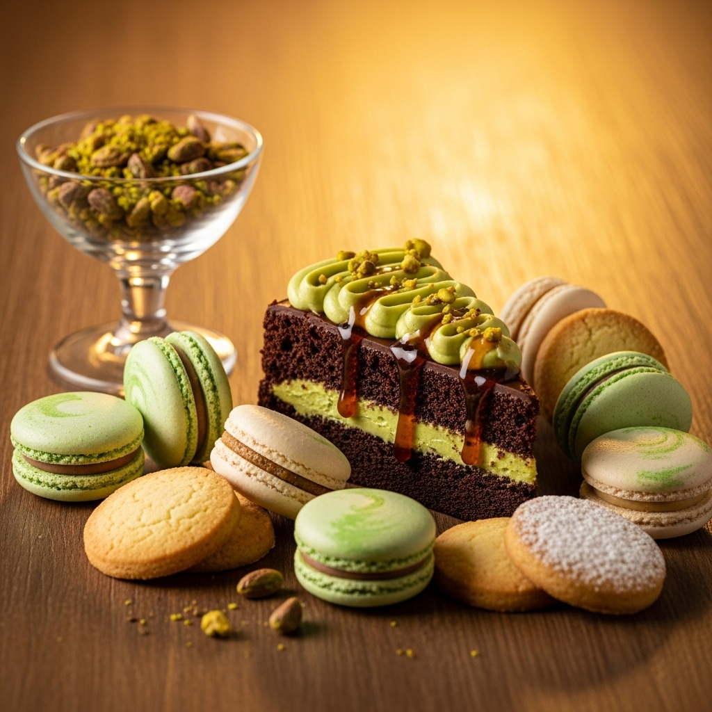 Artfully arranged desserts featuring pistachio cream spread on chocolate cake, macarons, and cookies, warm golden lighting, professional food photography style, garnished with crushed pistachios, no text