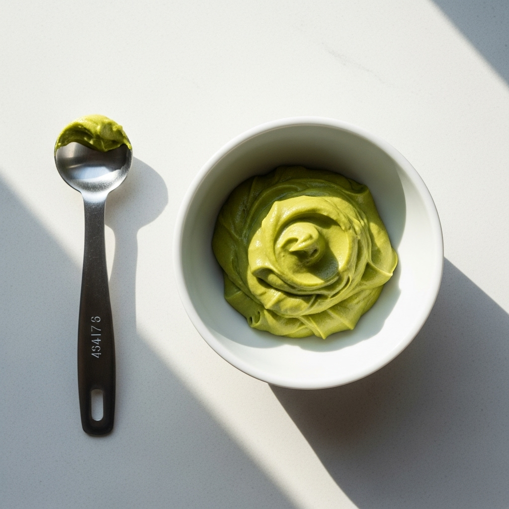Overhead view of a measured portion of pistachio cream in a white bowl on a kitchen counter, with a measuring spoon nearby, natural daylight, minimalist composition, no text