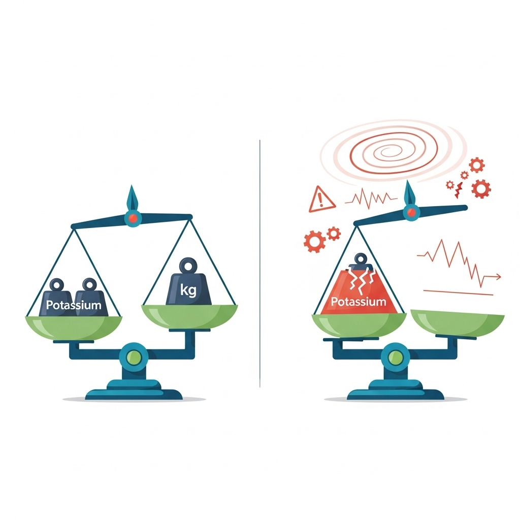 An infographic showing a balanced and unbalanced scale, with 'potassium' labeled on one side. On the unbalanced side, a high level of potassium disrupting body functions, represented by subtle warning signs. Clean infographic style, no text.