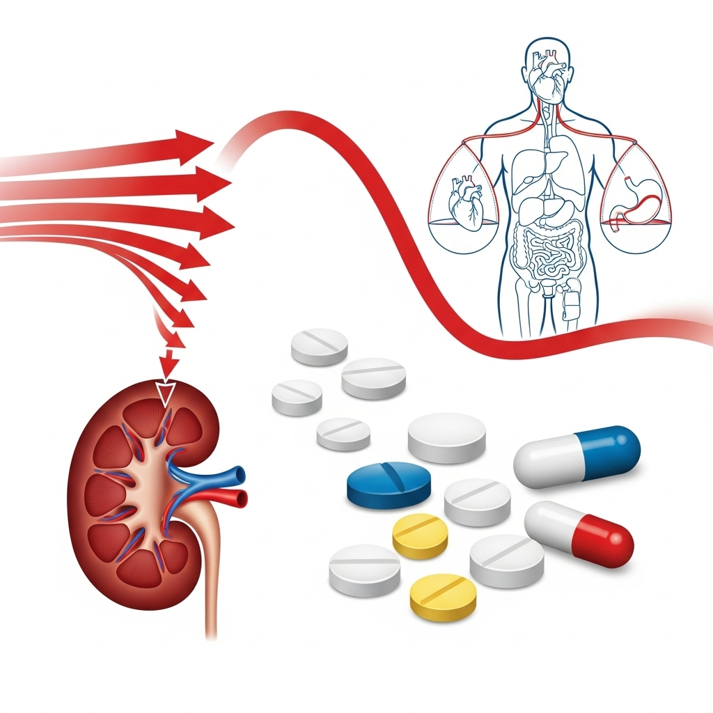 A clear infographic showing a kidney organ with arrows indicating reduced blood flow, and a depiction of various medication pills. Illustrates how these factors can lead to an imbalance in the body. Clean infographic style, no text.