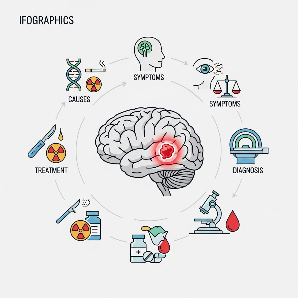A clean infographic illustrating the brain with a highlighted area representing a tumor, surrounded by various medical icons indicating causes, symptoms, diagnosis, and treatment. The overall style is clean and informative. No text.