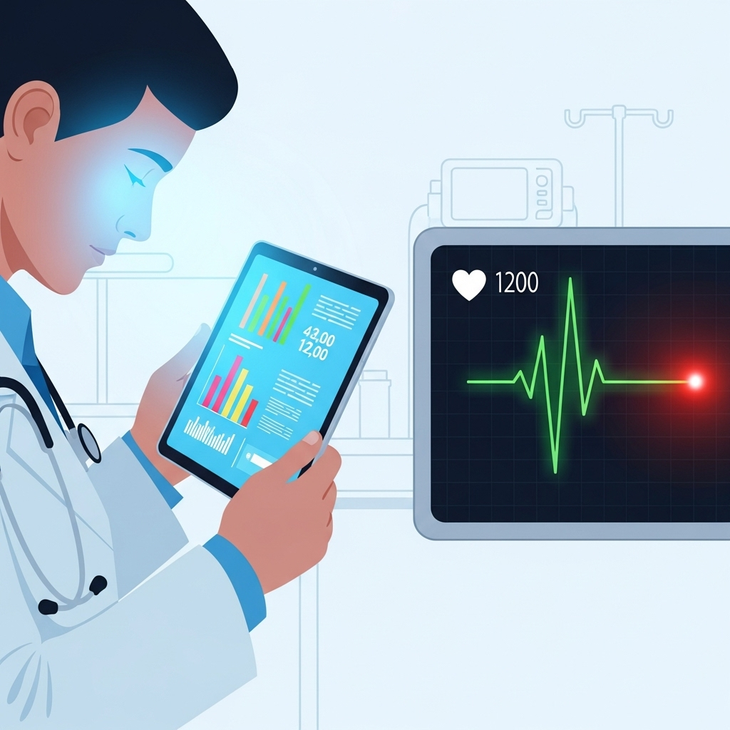 A medical setting with a doctor examining blood test results and an ECG monitor displaying a heart rhythm. Focus on diagnostic tools and the thoughtful process of a healthcare professional. Clean infographic style, no text.