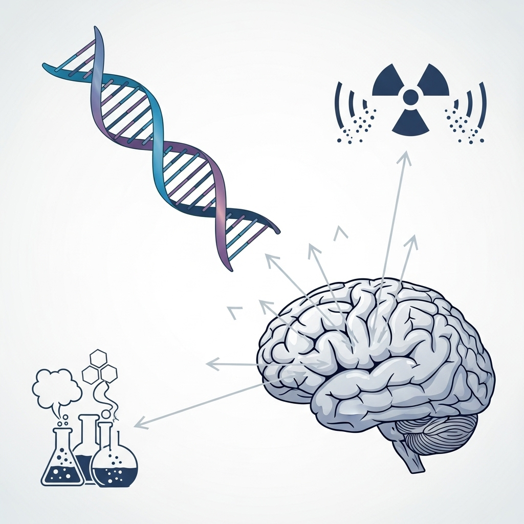 A detailed infographic showing a brain with various arrows pointing to different potential factors like genetics (DNA helix), environmental toxins, and radiation, subtly indicating the unknown causes of glioblastoma. The style is scientific and clean. No text.