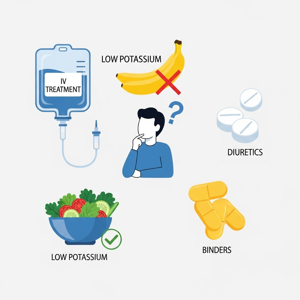 An infographic illustrating different treatment methods for hyperkalemia, such as a person choosing low-potassium foods, pills representing medications (diuretics, binders), and a medical drip for IV treatment. Clean infographic style, no text.