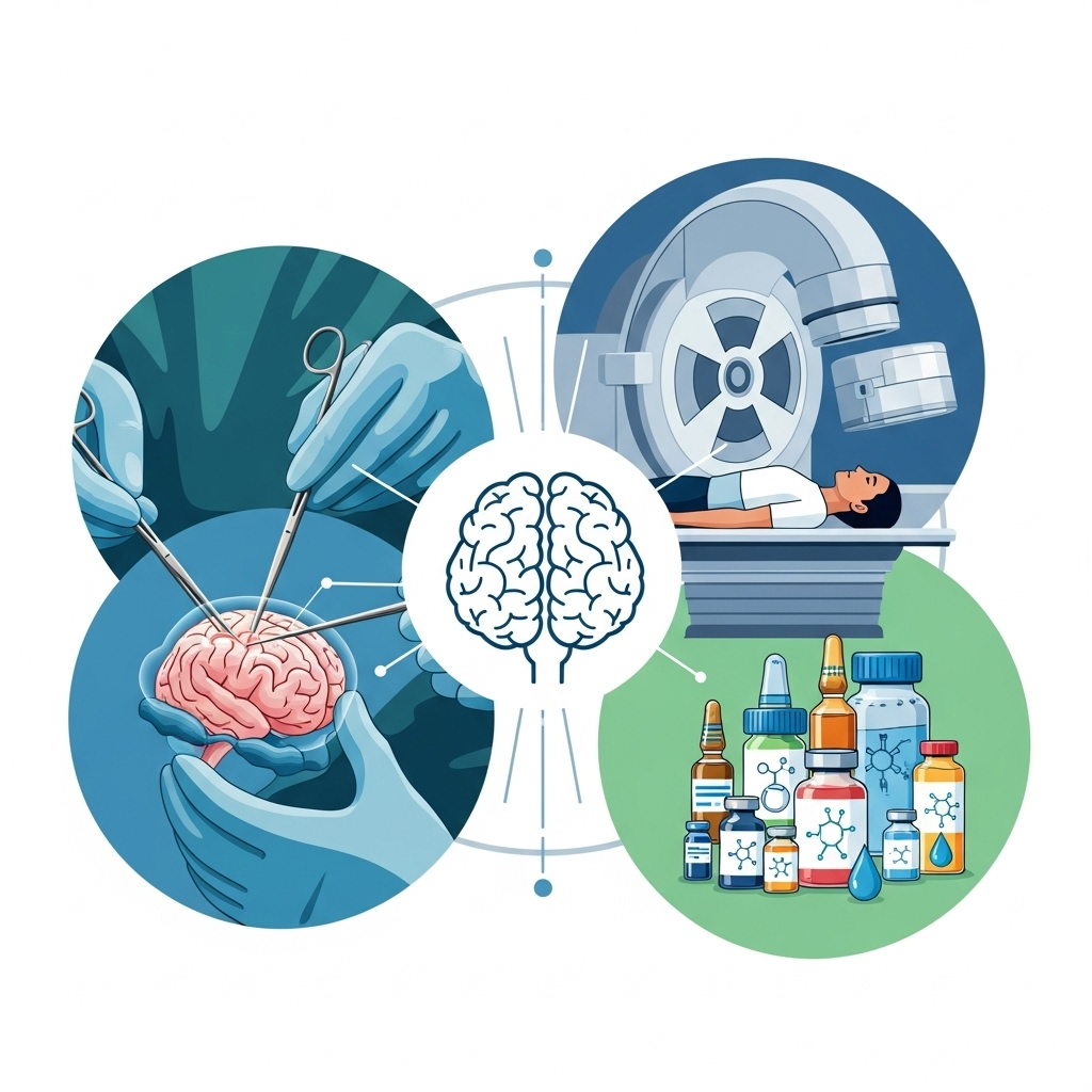 A clean, modern infographic illustrating the multi-modal treatment approach for glioblastoma, including a surgeon's hands operating on a brain model, a patient undergoing radiation therapy, and chemotherapy drugs represented by vials. The focus is on the integrated care. No text.