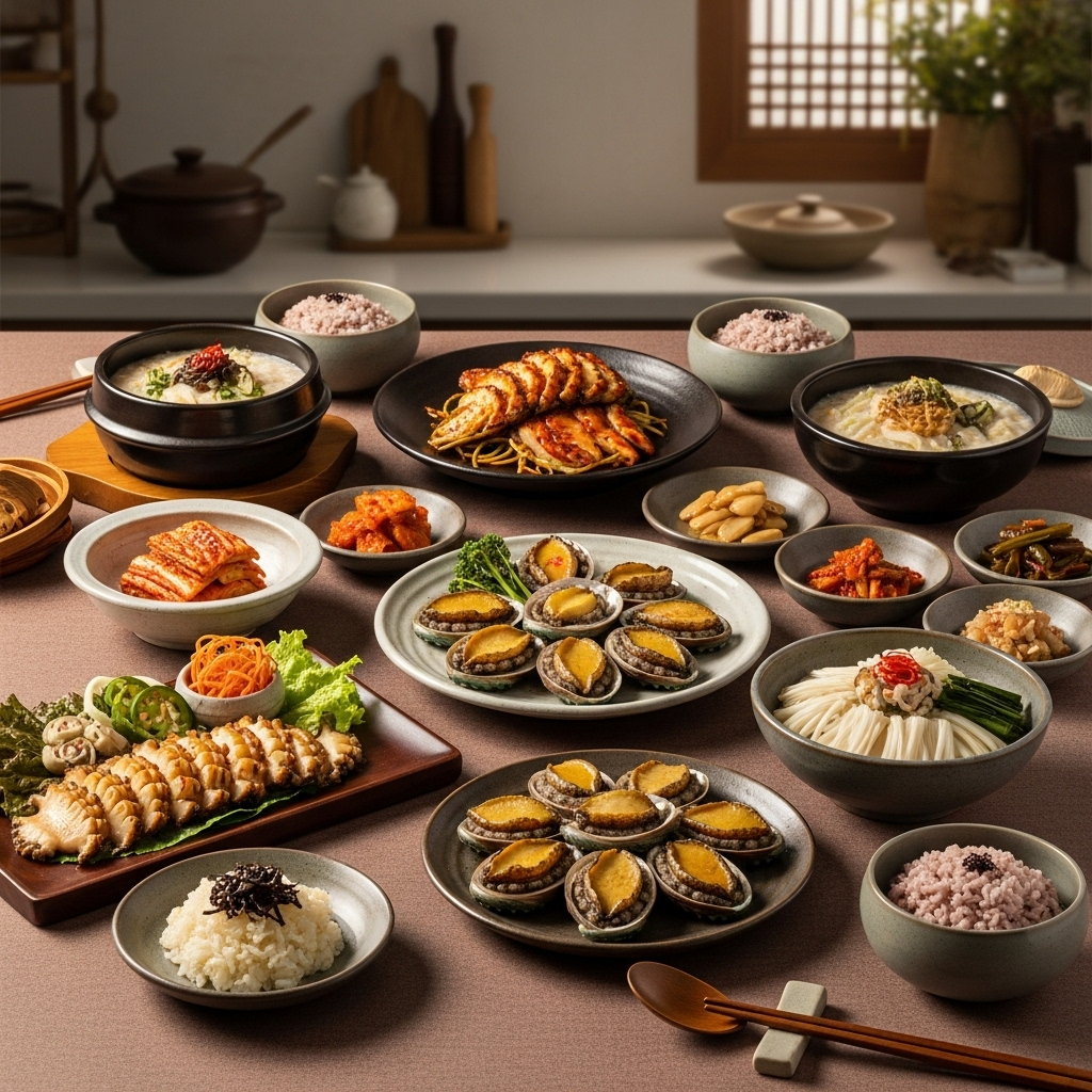 A vibrant still life photograph of various abalone dishes, such as abalone porridge, grilled abalone, and steamed abalone, on a well-set dining table in a Korean kitchen. The lighting is warm and inviting. No text. Korean food style photography.