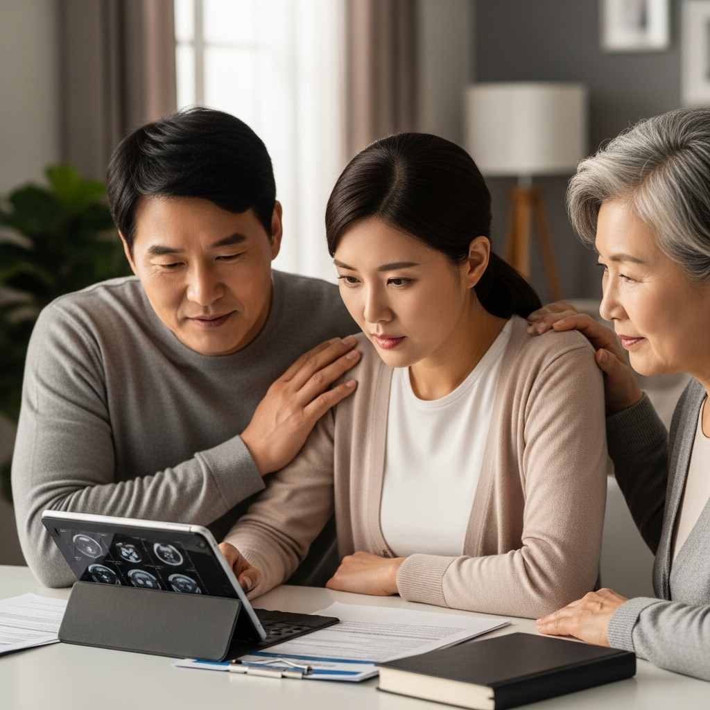 A supportive and hopeful image of a Korean family (adults) gathered around a table, possibly reviewing medical information or discussing plans, conveying a sense of understanding and collective effort in dealing with a health challenge like glioblastoma. Soft, natural lighting. Lifestyle photography style. No text.