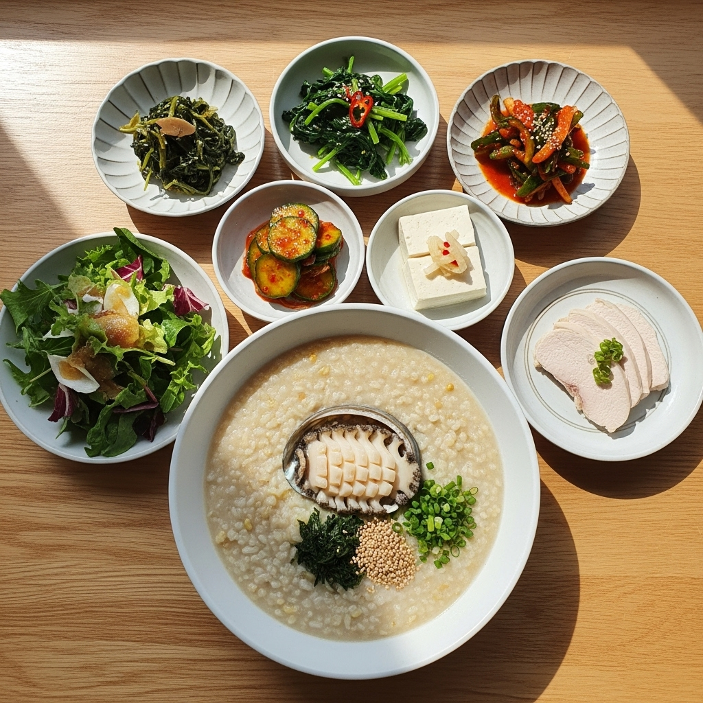 A top-down view of a balanced, healthy Korean meal featuring abalone. It includes abalone porridge, fresh vegetables, and other lean protein sources, emphasizing a low-calorie, high-protein diet. Natural light. No text.