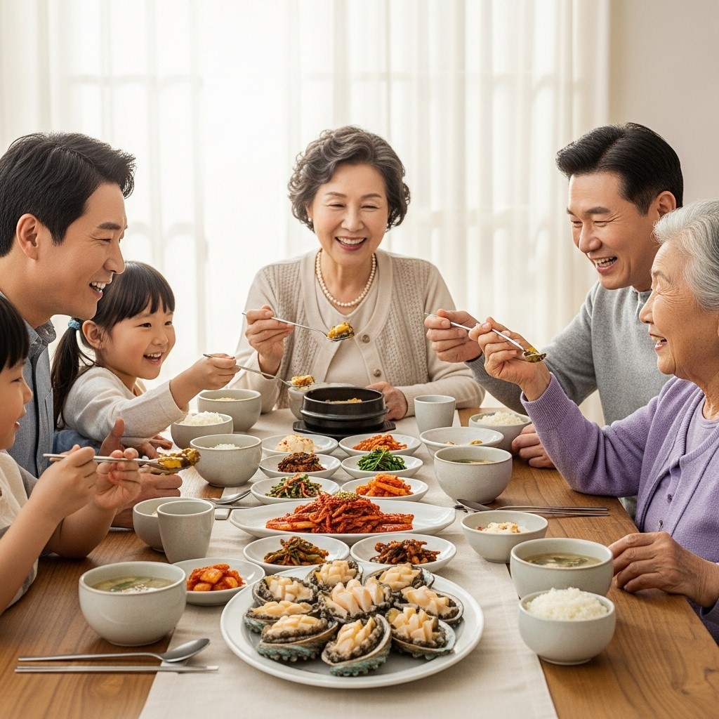 A warm, inviting scene of a Korean family (parents, children, and elderly) happily sharing a meal that includes abalone. The focus is on health and togetherness. Lifestyle photography. No text.