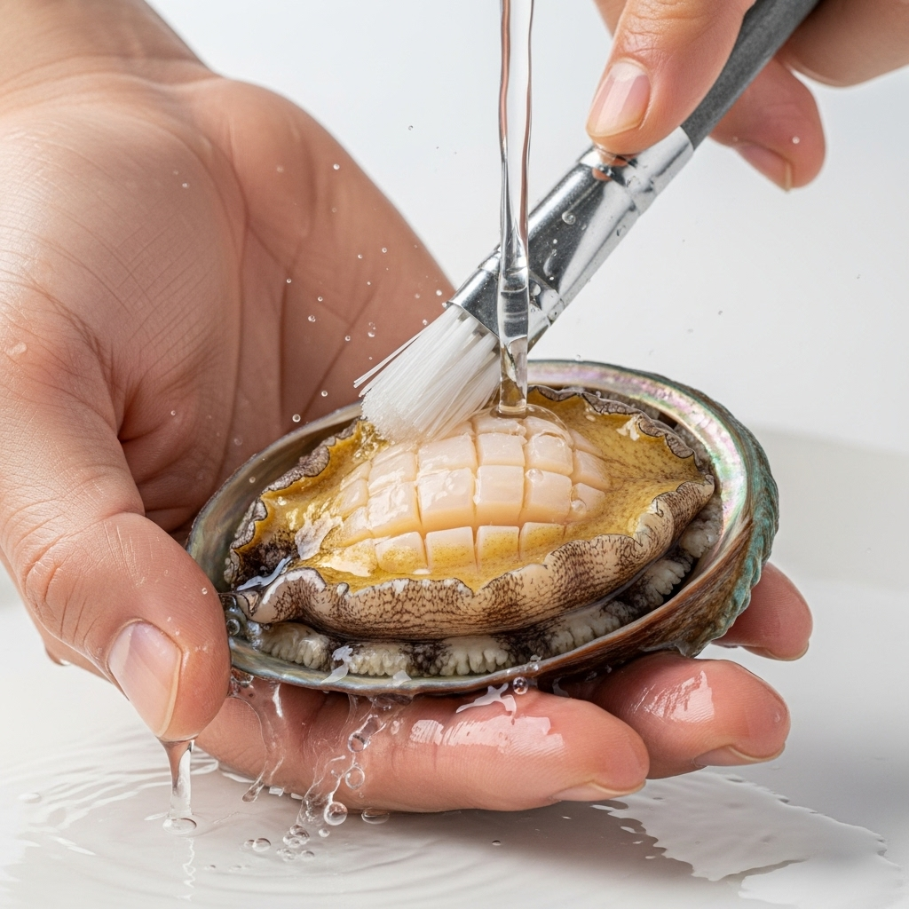 A close-up, clean, and bright studio shot of fresh abalone being carefully cleaned with a brush and water, ready for cooking. Emphasize the texture and pristine condition of the abalone. Food preparation photography. No text.