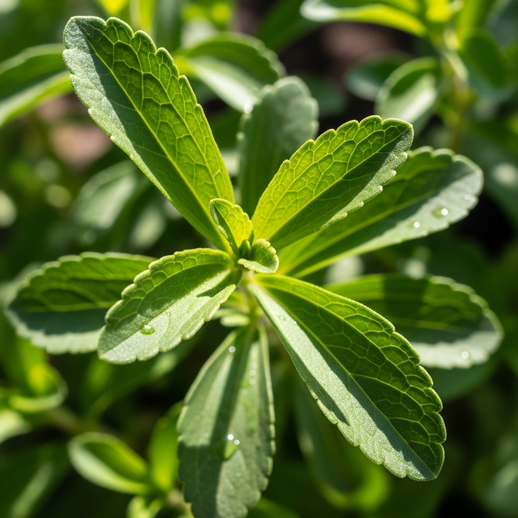 Close-up of fresh stevia plant leaves with natural green color, growing in sunlight, showing the delicate texture of the leaves. Soft natural lighting with blurred garden background. Clean, fresh, and organic feel. No text.