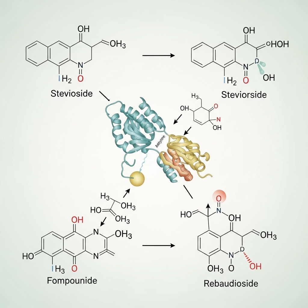 Scientific illustration of enzyme modification process - showing molecular structures and transformation of stevia compounds. Clean infographic style with soft colors, clear labels showing the enzyme process. Professional, educational aesthetic. No text.