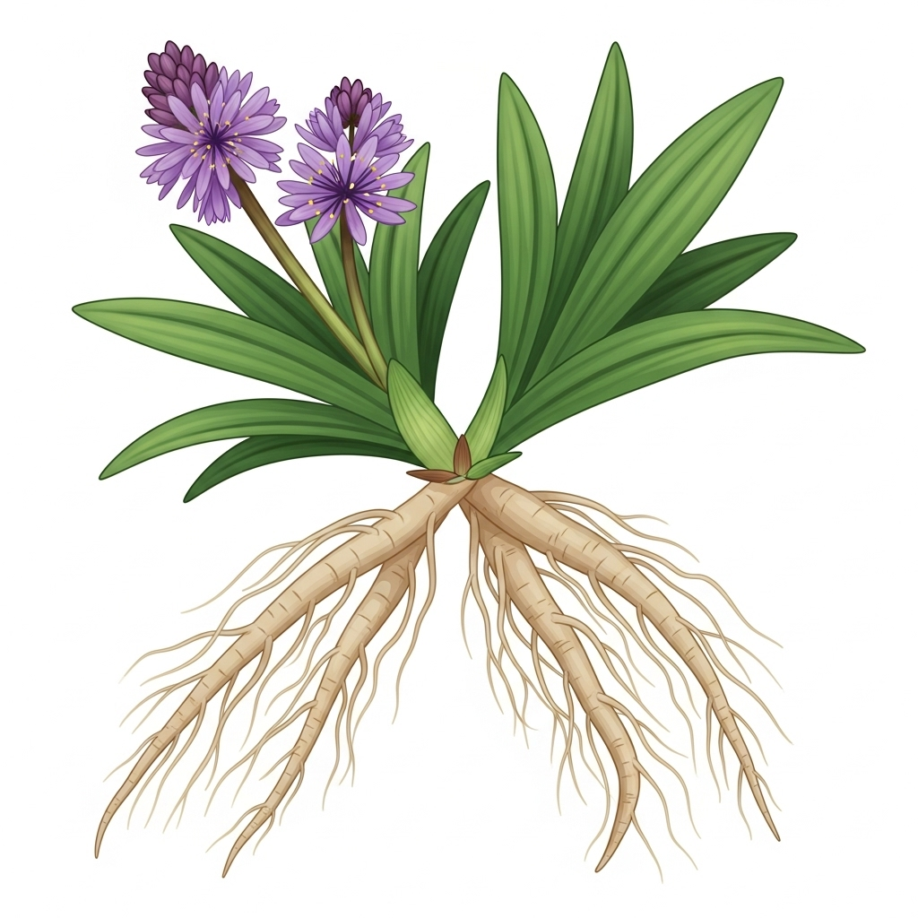 A close-up, clean infographic-style illustration of a healthy Korean Ophiopogon japonicus (Maekmundong) plant, showing its purple flowers, green leaves, and prominent roots. The roots are clean and ready for medicinal use. Bright, natural lighting. No text.