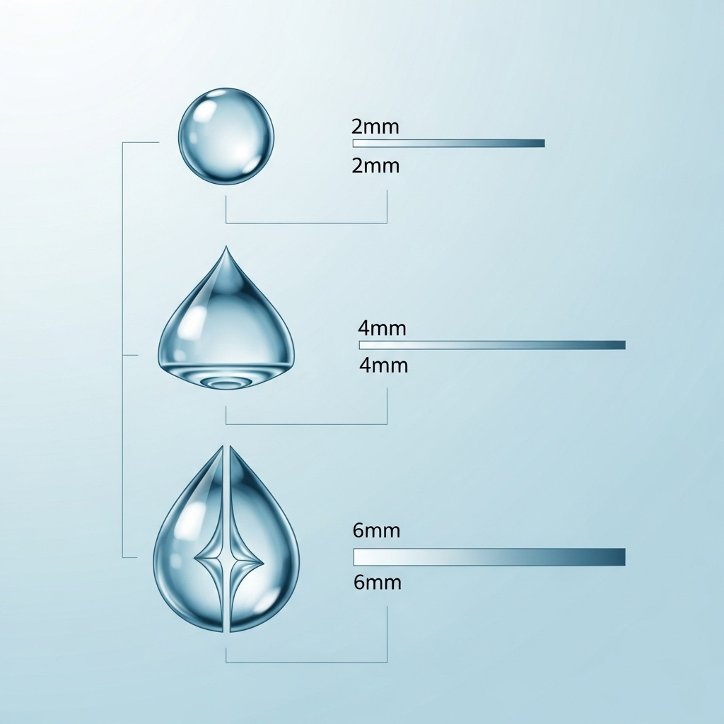 A detailed infographic illustrating various raindrop shapes based on size. Show a perfect sphere for small raindrops, a flattened bottom for medium, and a splitting shape for large raindrops. Use clean lines and a scientific but engaging style. No text.