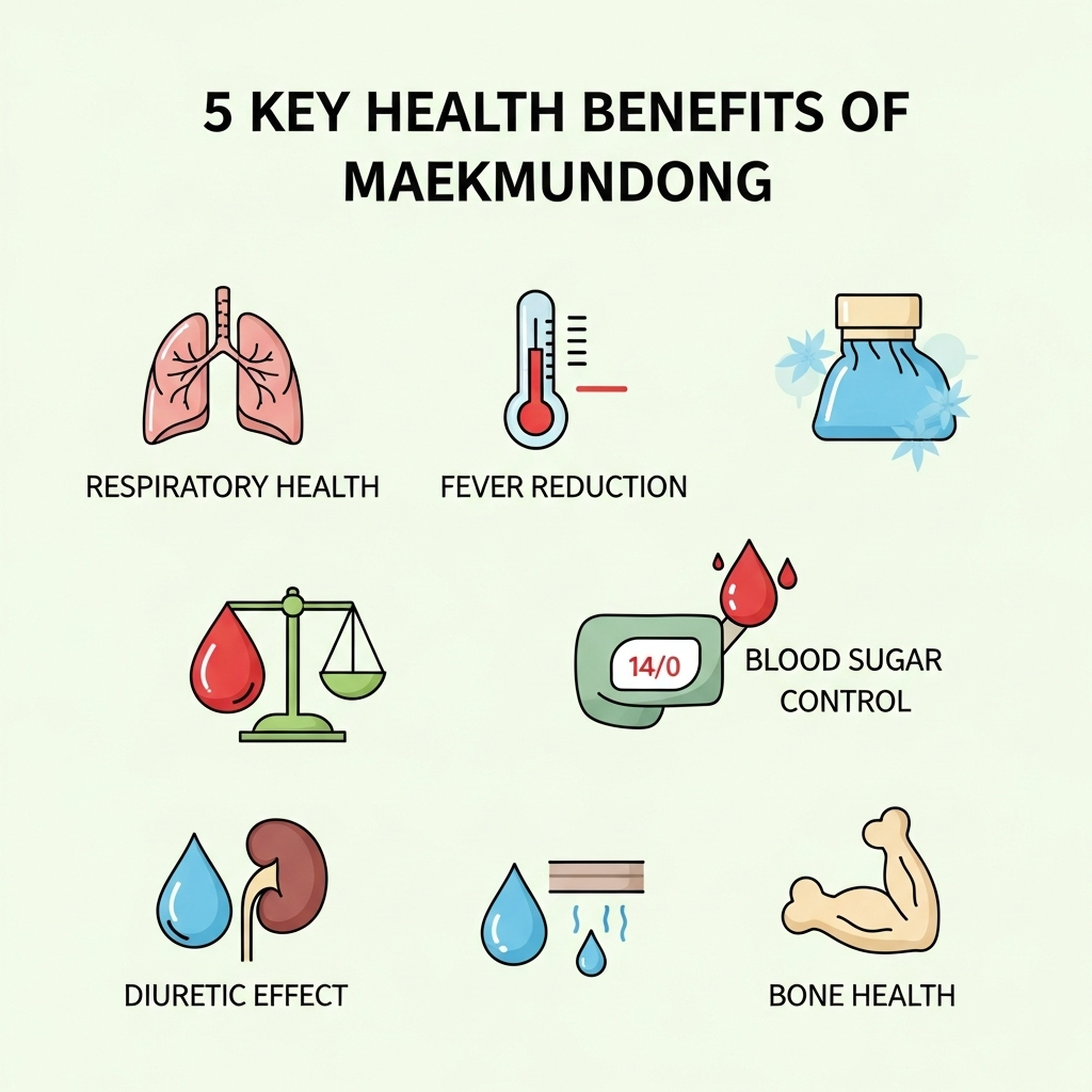 A clean, vibrant infographic illustrating five key health benefits of Maekmundong. Each benefit (respiratory health, fever reduction, blood sugar control, diuretic effect, bone health) is represented by a simple, clear icon and a short descriptive phrase. The overall style is modern and easy to understand. No text in images.