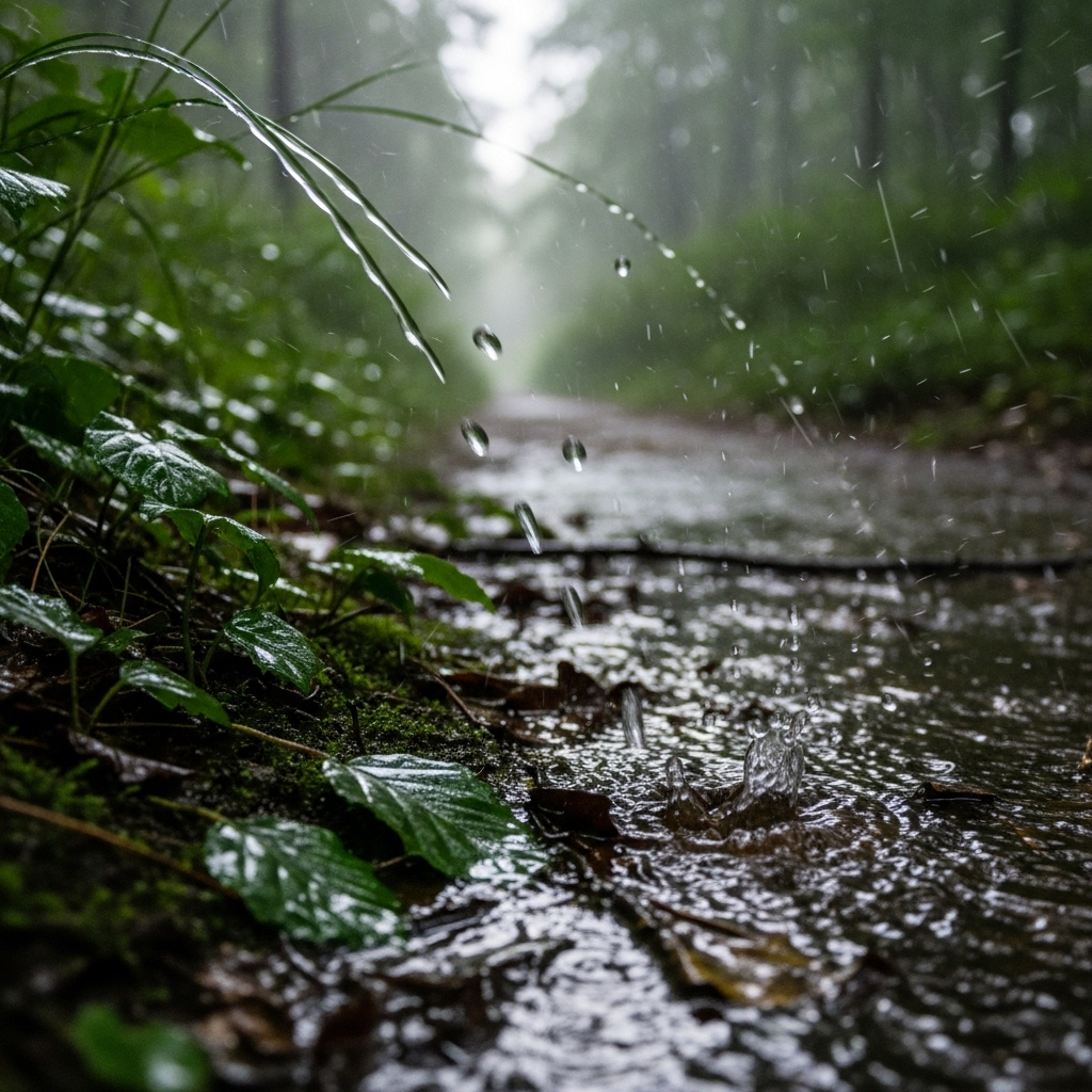 A close-up shot of raindrops falling on a lush green forest path during heavy rain. Emphasize the dynamic movement and interaction of raindrops with the air, subtly hinting at gravity and air resistance. Style: realistic nature photography. No text.