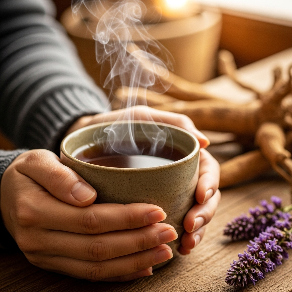 A lifestyle photograph of a person's hands gently holding a warm mug of roasted Maekmundong tea. Steam is rising from the mug. The background is a cozy, natural setting, possibly with some dried Maekmundong roots visible. Soft, inviting lighting. No text.