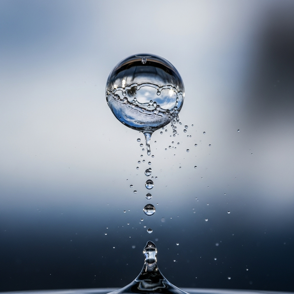 A high-speed photography shot capturing a large raindrop mid-air, in the process of breaking apart into smaller droplets due to air resistance. The background is a blurred sky. Style: scientific photography. No text.