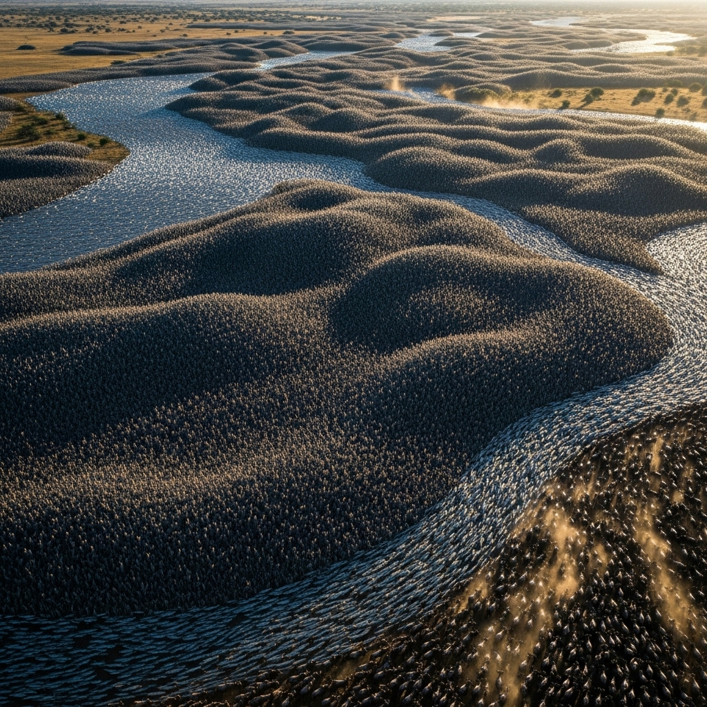 Massive swarm of millions of creatures moving together across vast landscapes, creating waves of motion. Show locusts, fish schools, or herds in coordinated movement. Natural lighting, aerial perspective, realistic and awe-inspiring atmosphere. No text.