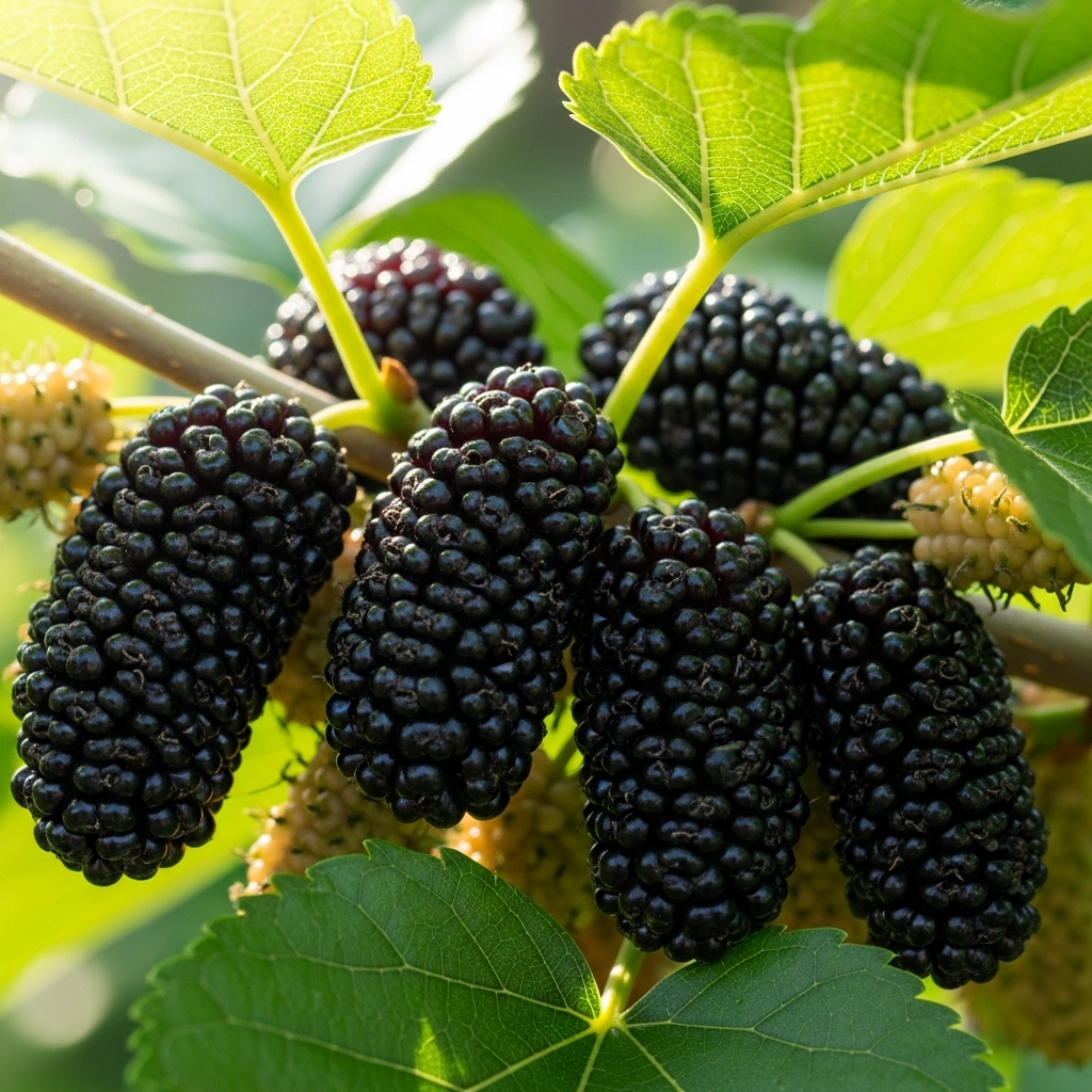 Close-up of ripe mulberry fruits (morus) on branches, displaying deep black color and glossy texture. Fresh, juicy berries with green leaves in natural sunlight. Realistic food photography style, natural lighting, no text.