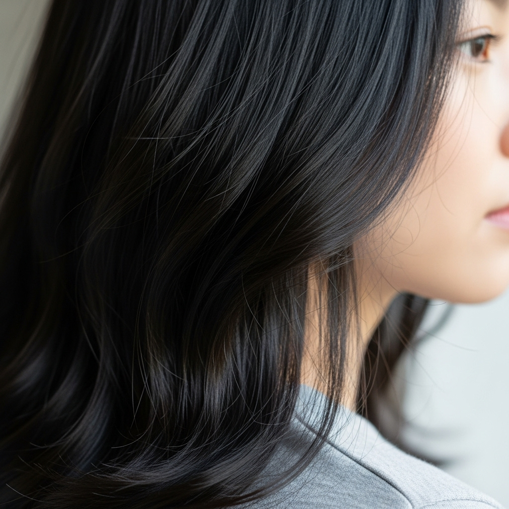 Healthy Asian woman with shiny black hair, showing strong hair texture and natural shine. Close-up of hair strands in natural daylight. Lifestyle photography style, no text.