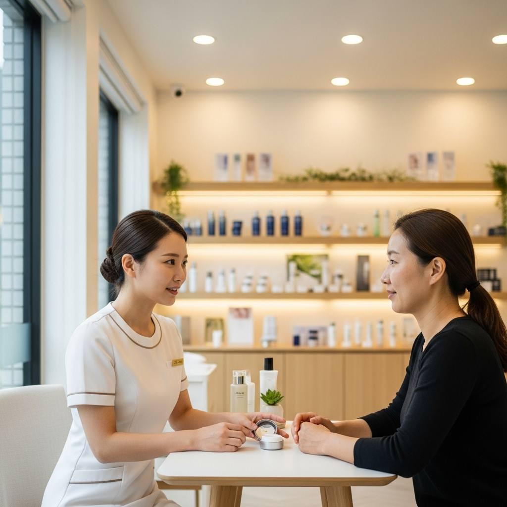A Korean female aesthetician consulting with a client about skincare in a modern, clean facial care clinic. Soft lighting, professional atmosphere, skincare products visible on shelves. Lifestyle photography style, no text.