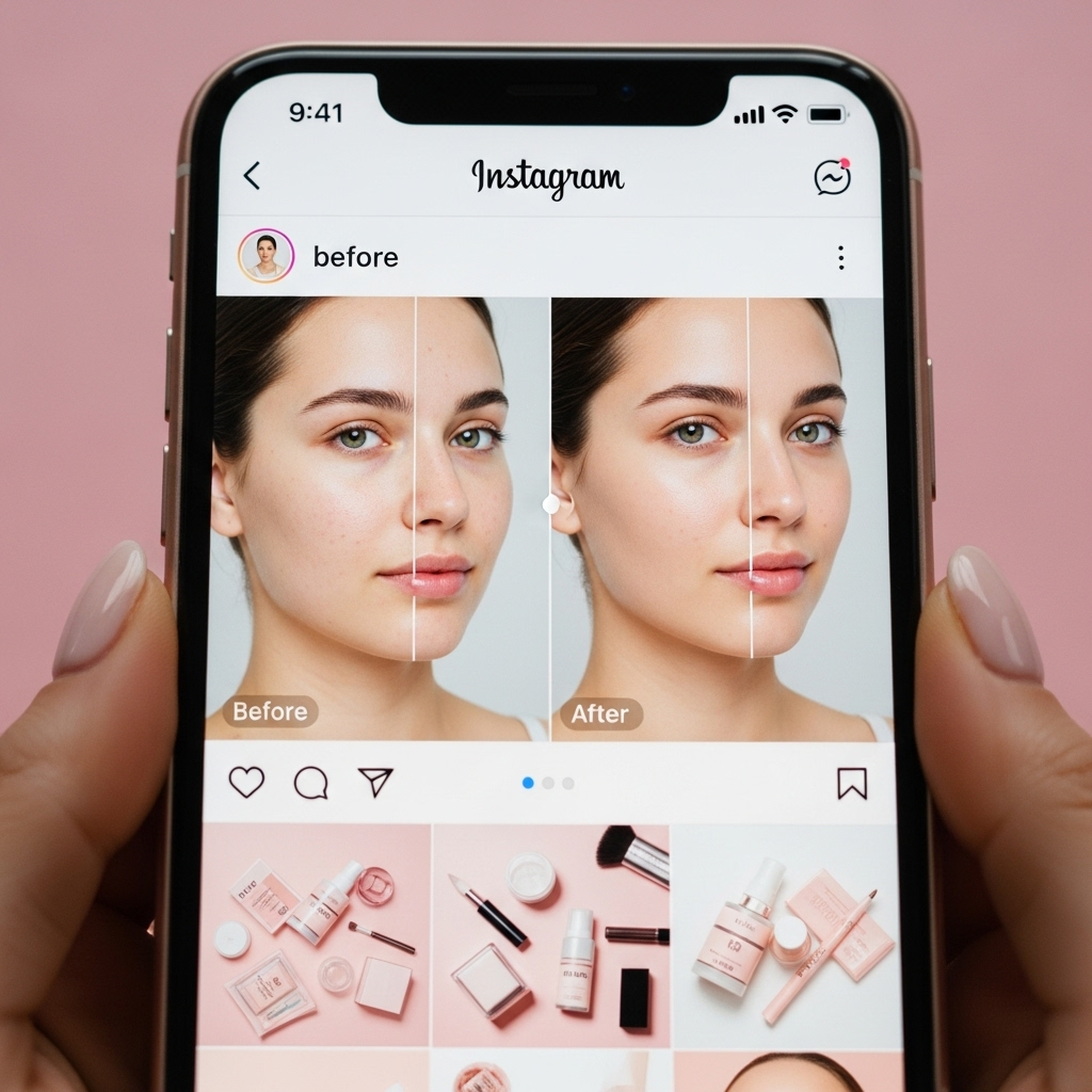 Close-up of a smartphone displaying Instagram feed with before-and-after skincare transformation photos, aesthetic layout, soft pink and white tones, professional beauty content. Lifestyle photography, no text.