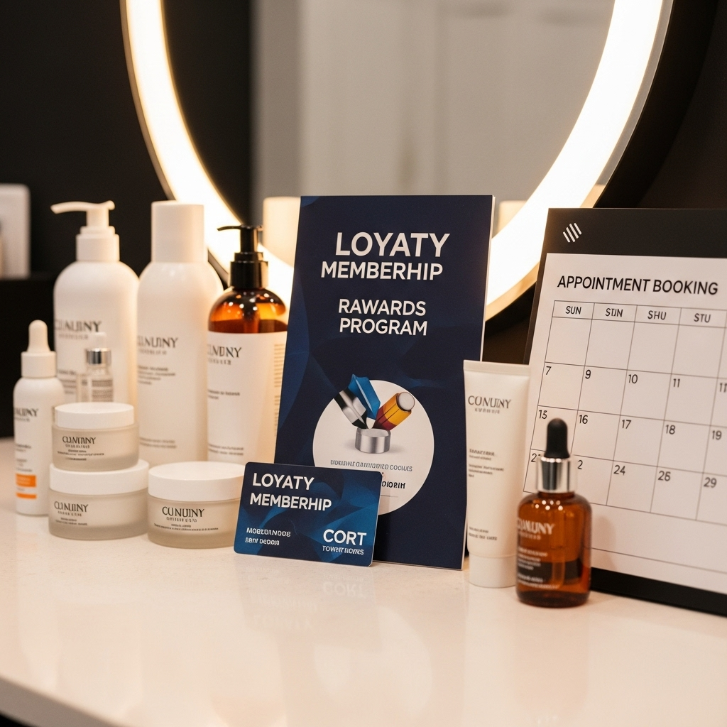 A loyalty membership card and rewards program displayed on a salon counter, with skincare products and appointment booking calendar visible. Modern, clean aesthetic with warm lighting. Lifestyle photography, no text.