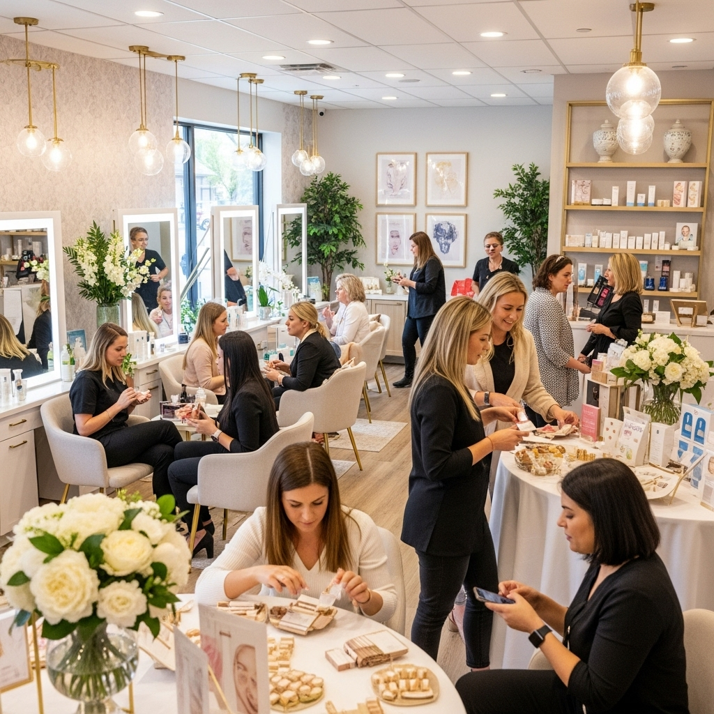 An interior view of a beauty salon hosting a promotional event with customers enjoying complimentary skin consultations and product samples. Warm, welcoming atmosphere with decorative elements. Lifestyle photography, no text.