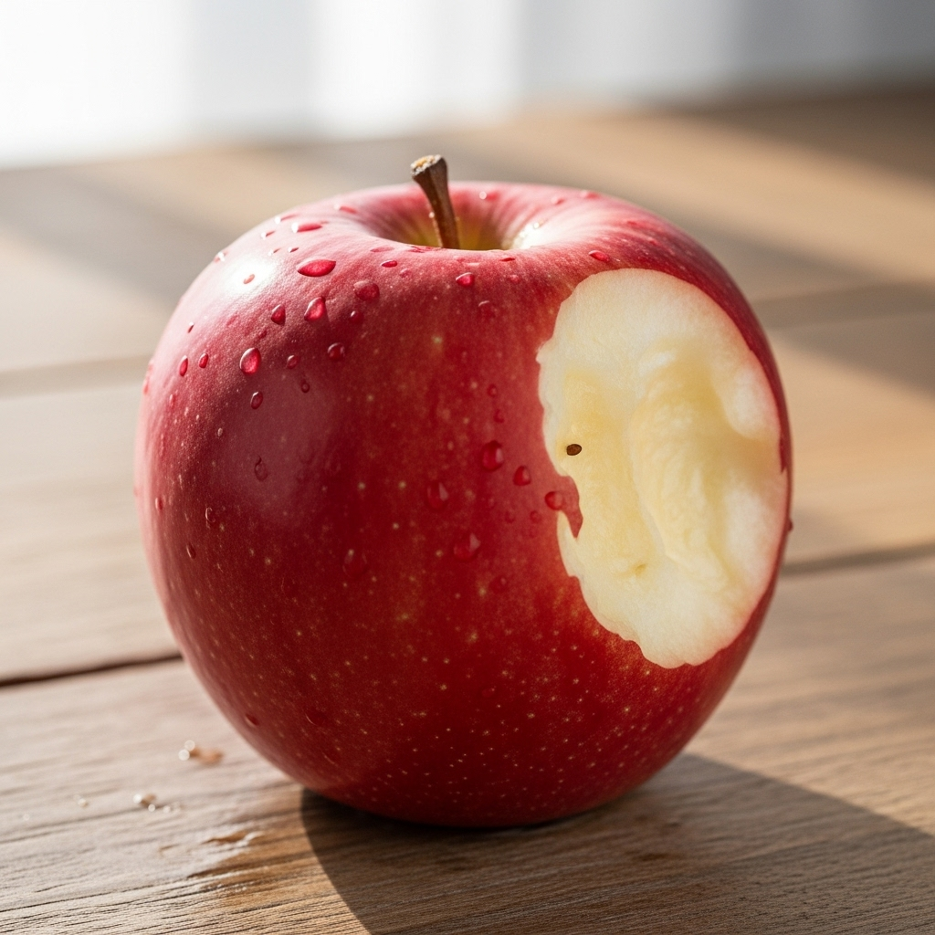 A close-up lifestyle photography of a perfectly ripe, vibrant red Korean apple (감흥사과) on a rustic wooden table, with soft, natural morning light. The apple has a slight sheen, suggesting freshness and juiciness. A bite mark reveals crisp white flesh. No text.