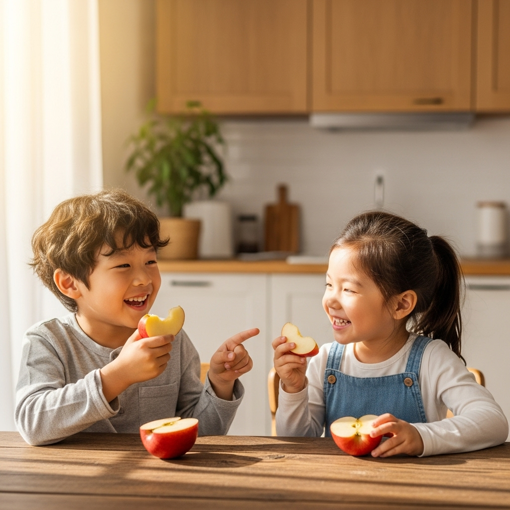 A cheerful lifestyle photography scene of two Korean children, a boy and a girl, happily eating slices of crisp red apples in a sunlit kitchen. They are smiling, and one child points to the apple. The background is slightly blurred with warm tones. No text.