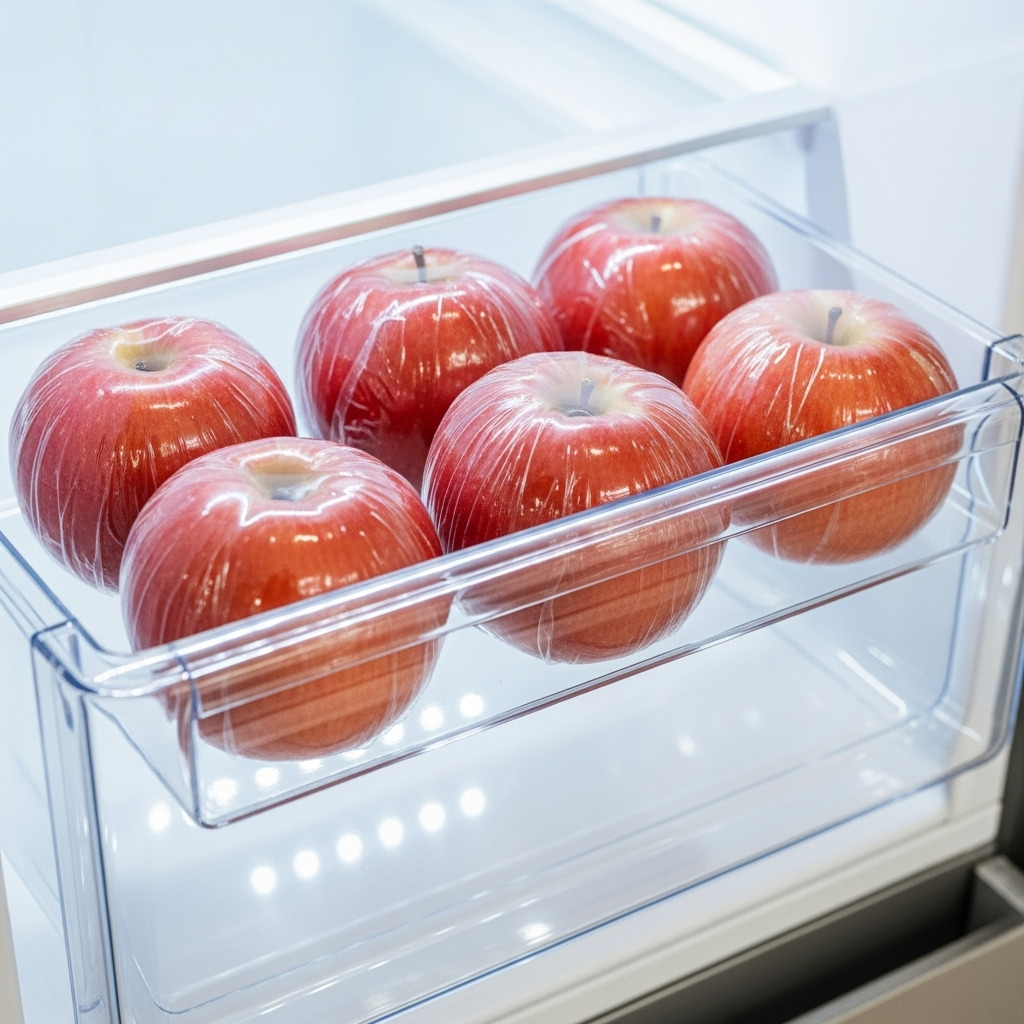 A clean, clear lifestyle photography shot of several perfectly preserved red apples wrapped individually in clear plastic film, neatly arranged inside a refrigerator drawer. The light is bright and cool, emphasizing freshness. No text.