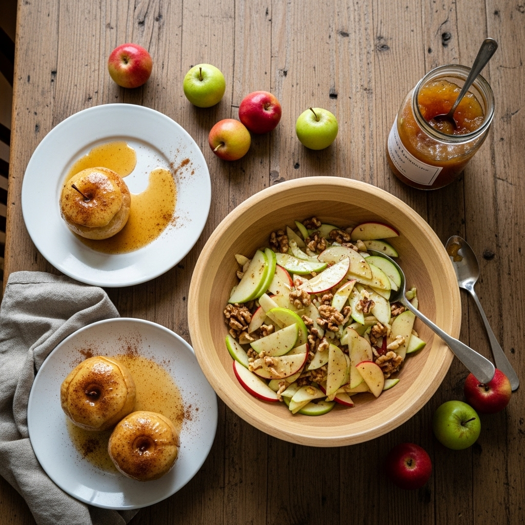 An overhead lifestyle photography shot of a wooden dining table laden with various apple-based dishes: a bowl of apple salad, a jar of homemade apple jam, and a plate of warm baked apples with cinnamon. Natural, inviting light. No text.