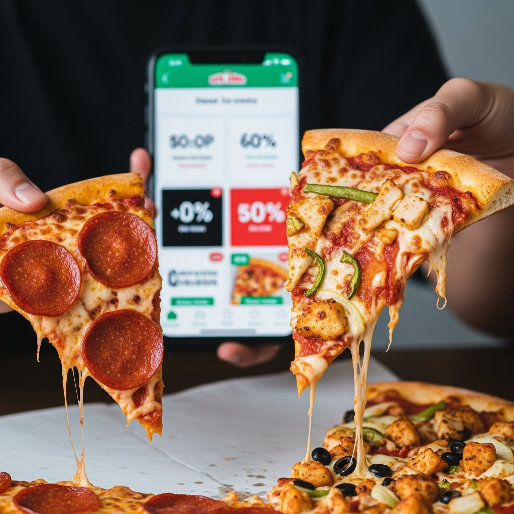Two different Papa John's pizza slices are held by hands, with a smartphone displaying discount codes or loyalty points in the background. The scene suggests maximizing value. Style: lifestyle photography. No text.