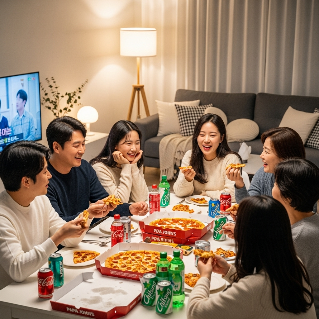 A cozy living room scene where a Korean family or group of friends is happily gathered around a table with several Papa John's pizza boxes and drinks. The atmosphere is warm and inviting, suggesting a fun meal together. Style: lifestyle photography. No text.