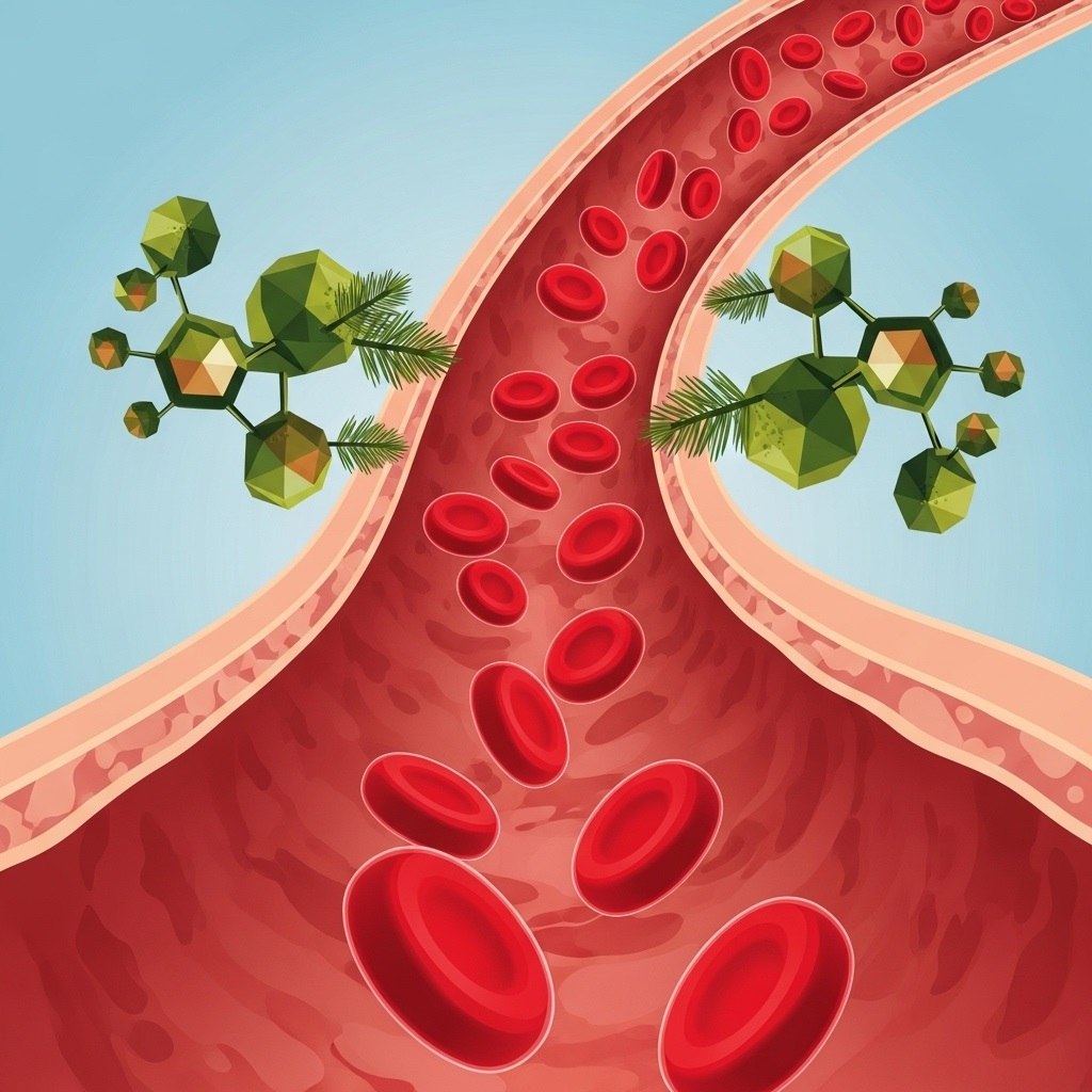 An illustrative infographic showing blood vessels and red blood cells flowing smoothly, with an abstract representation of pine needle oil molecules enhancing the circulation. Colors are vibrant and clear. Style: clean infographic. No text.