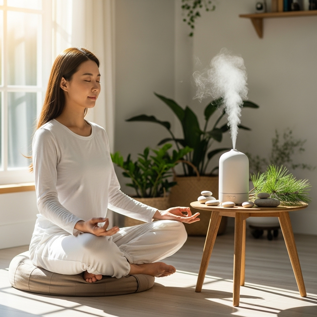 A person meditating calmly in a sunlit room, with a diffuser releasing pine-scented mist next to them. The atmosphere is peaceful and relaxing. Style: lifestyle photography. No text. Korean person.